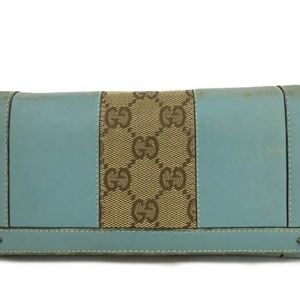 GUCCI GG Logo Blueish Green Canvas Leather Long Bifold Wallet